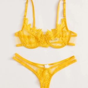 Canary yellow lace bra and thong panties